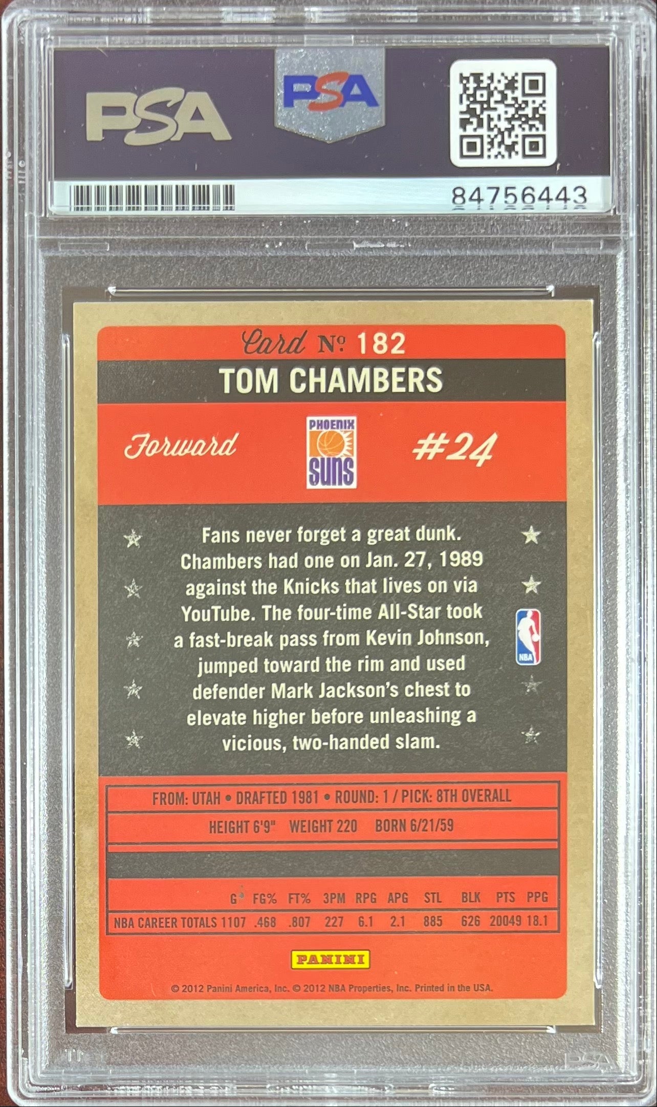Tom Chambers auto 2012 Panini #182 card Phoenix Suns PSA Encapsulated