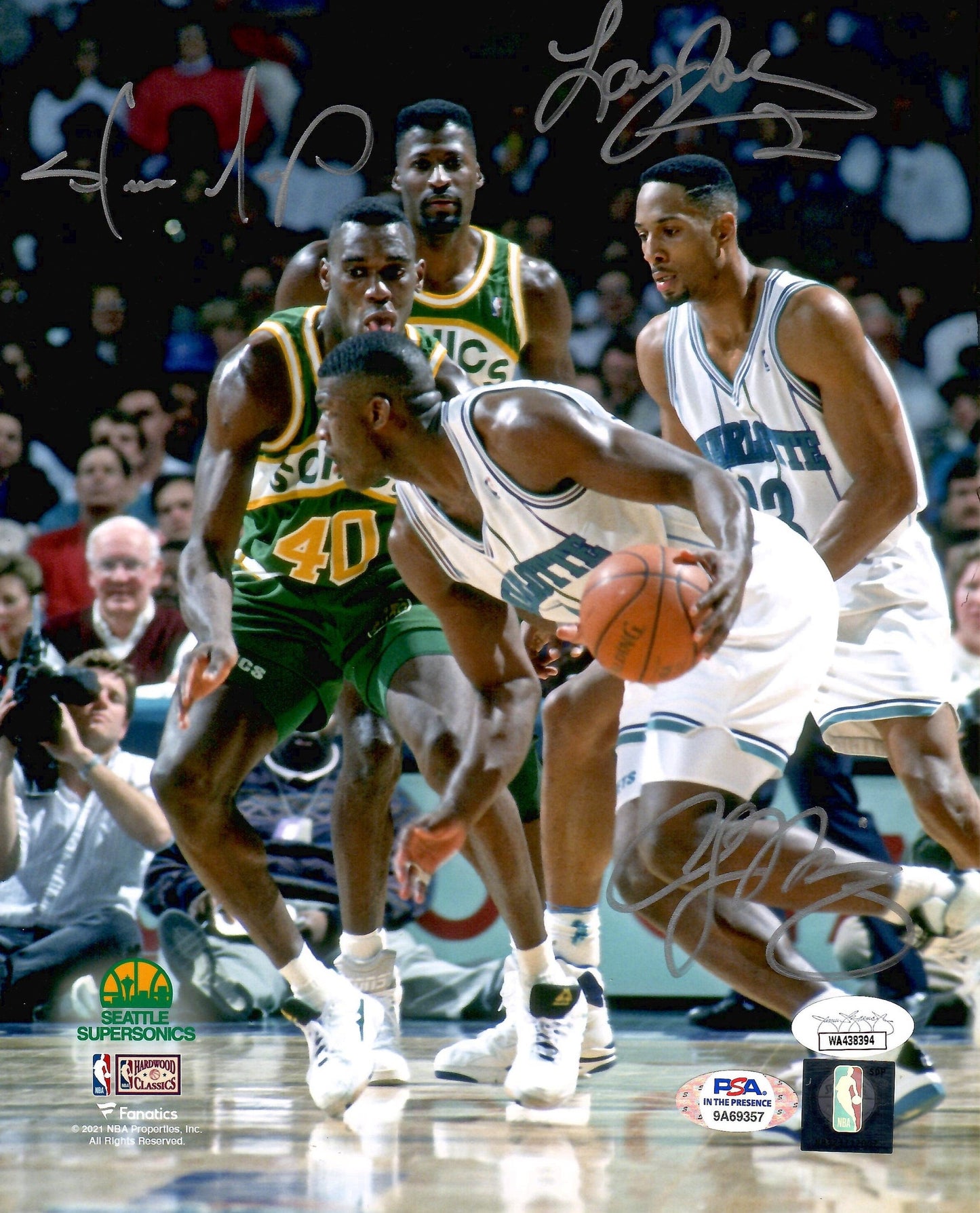 Shawn Kemp Alonzo Mourning Larry Johnson signed 8x10 photo Sonics Hornets PSA